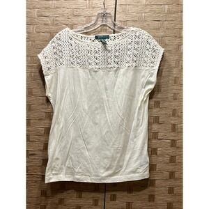 Lauren Ralph Lauren Women's Short Sleeve Shirt Lace Top Soft Cotton Ivory Sz M